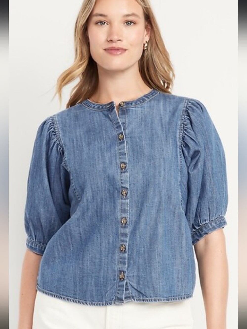 Old Navy Denim Button-Up Puff Sleeve Blouse - Blue